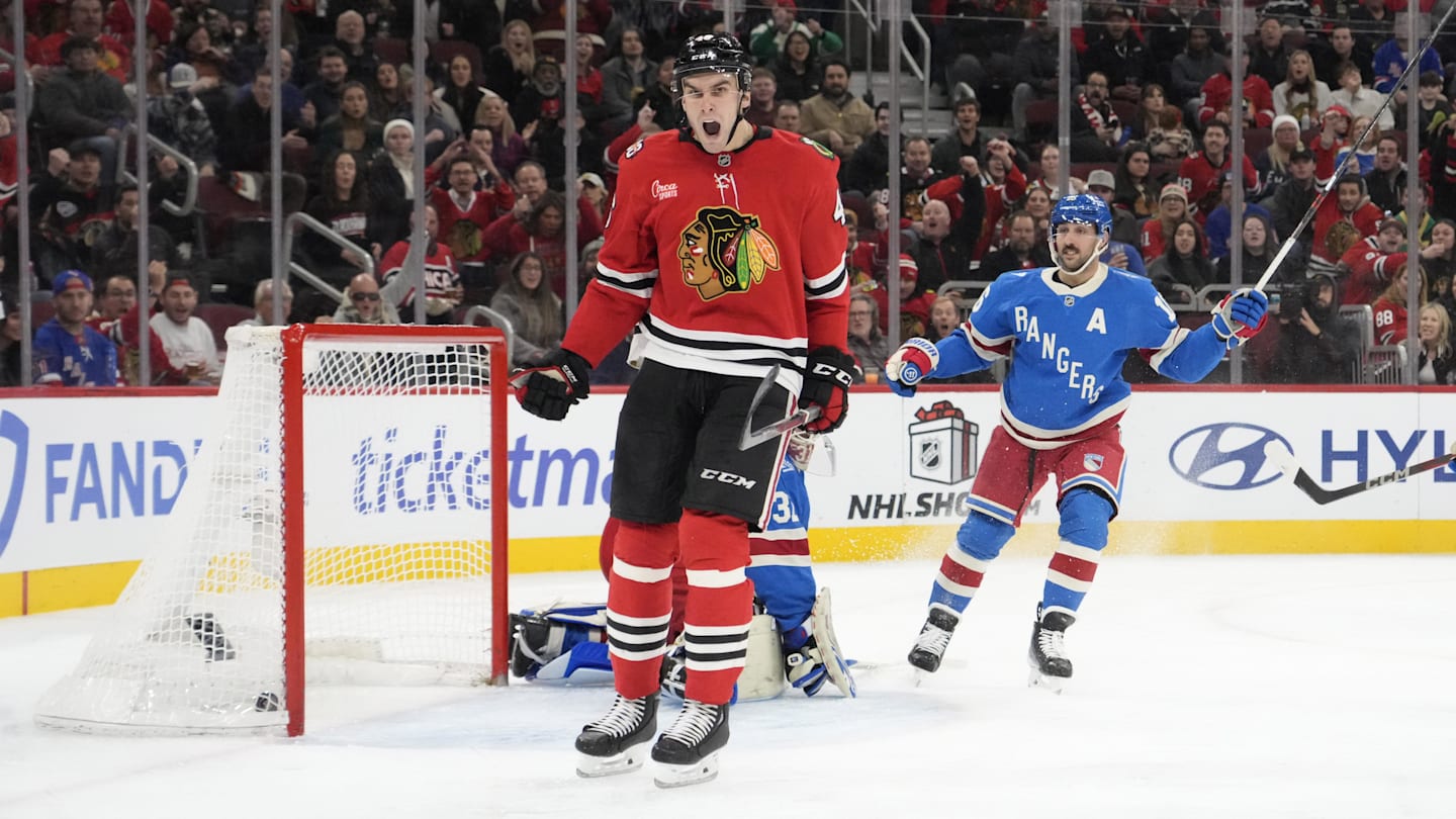 Dec 10, 2025; Chicago, Illinois, USA; Chicago Blackhawks defenseman Louis Crevier (46) celebrates his goal against the New York Rangers during the second period at United Center. Mandatory Credit: David Banks-Imagn Images