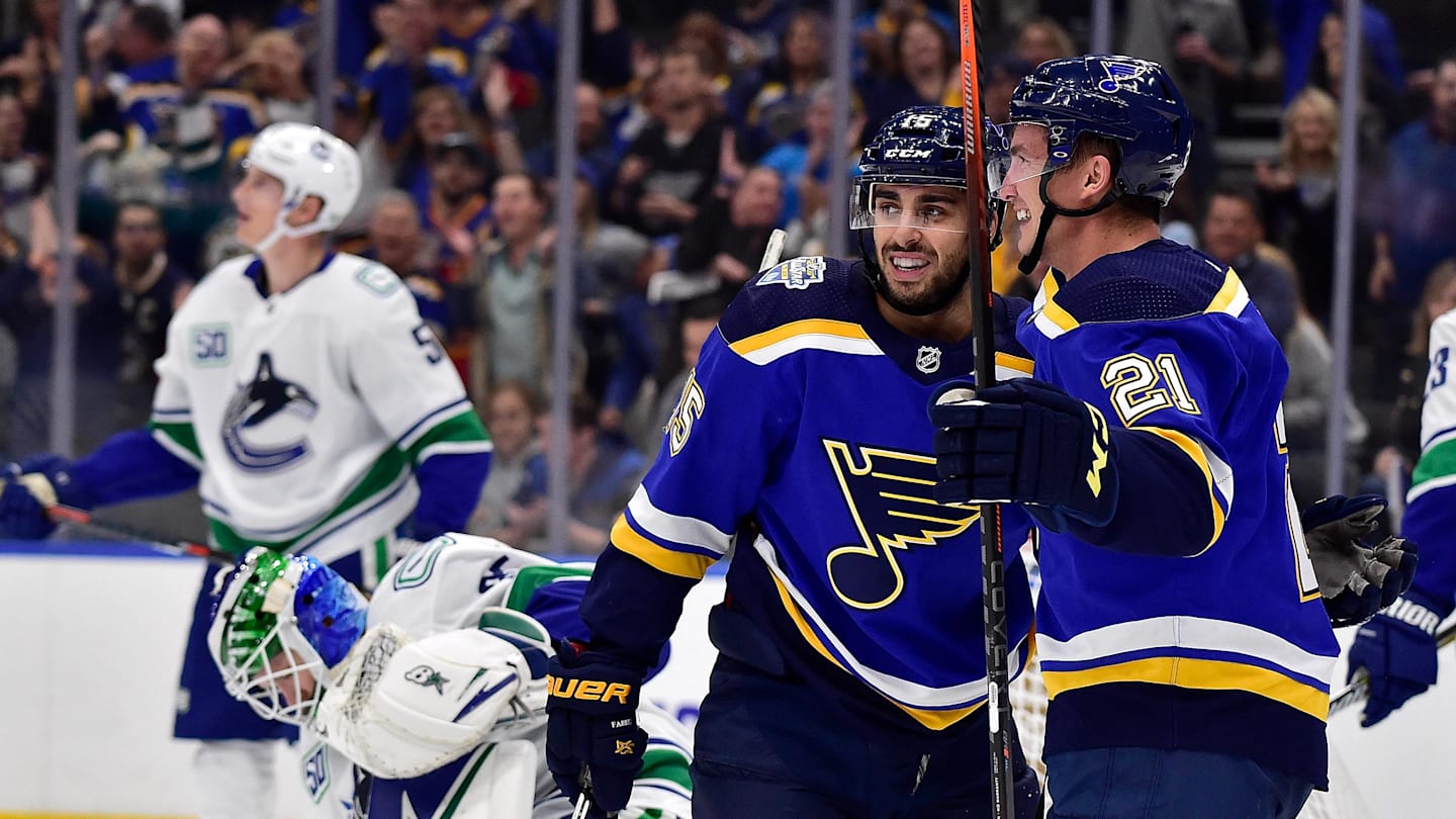 Oct 17, 2019; St. Louis, MO, USA; St. Louis Blues center Robby Fabbri (15) is congratulated by center Tyler Bozak (21) after scoring against Vancouver Canucks goaltender Thatcher Demko (35) during the first period at Enterprise Center. Mandatory Credit: Jeff Curry-Imagn Images