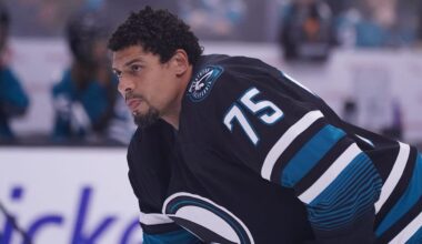 Oct 28, 2025; San Jose, California, USA; San Jose Sharks right wing Ryan Reaves (75) warms up before the game against the Los Angeles Kings at SAP Center at San Jose. Mandatory Credit: David Gonzales-Imagn Images