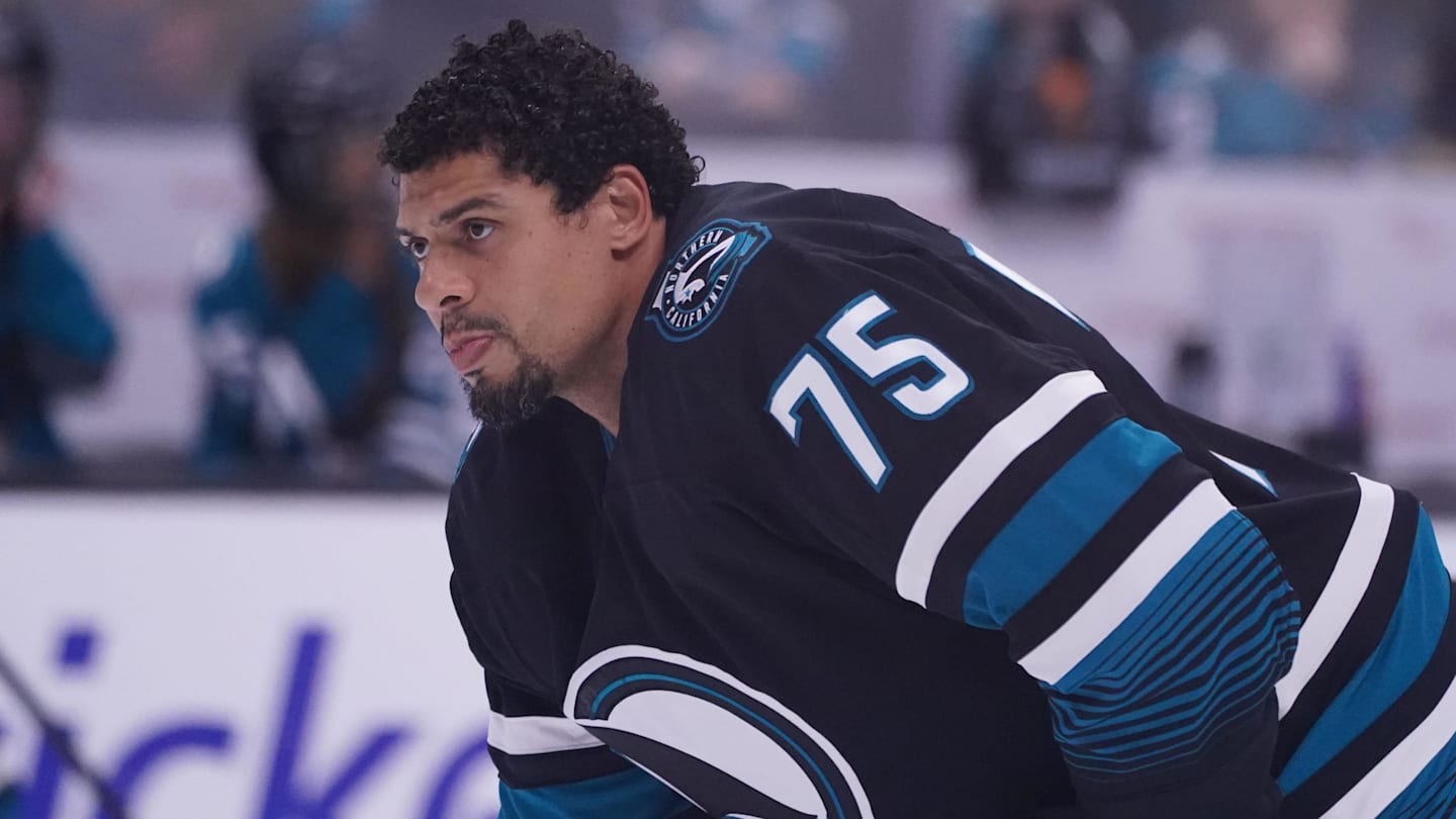 Oct 28, 2025; San Jose, California, USA; San Jose Sharks right wing Ryan Reaves (75) warms up before the game against the Los Angeles Kings at SAP Center at San Jose. Mandatory Credit: David Gonzales-Imagn Images