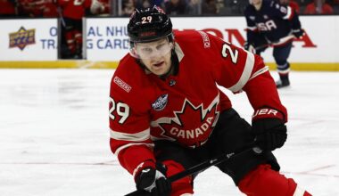 Feb 20, 2025; Boston, MA, USA; [Imagn Images direct customers only] Team Canada forward Nathan MacKinnon (29) during the 4 Nations Face-Off ice hockey championship game against the United States at TD Garden. Mandatory Credit: Winslow Townson-Imagn Images