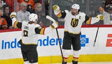 Mark Stone and Jack Eichel celebrating Stone's game-winning overtime goal