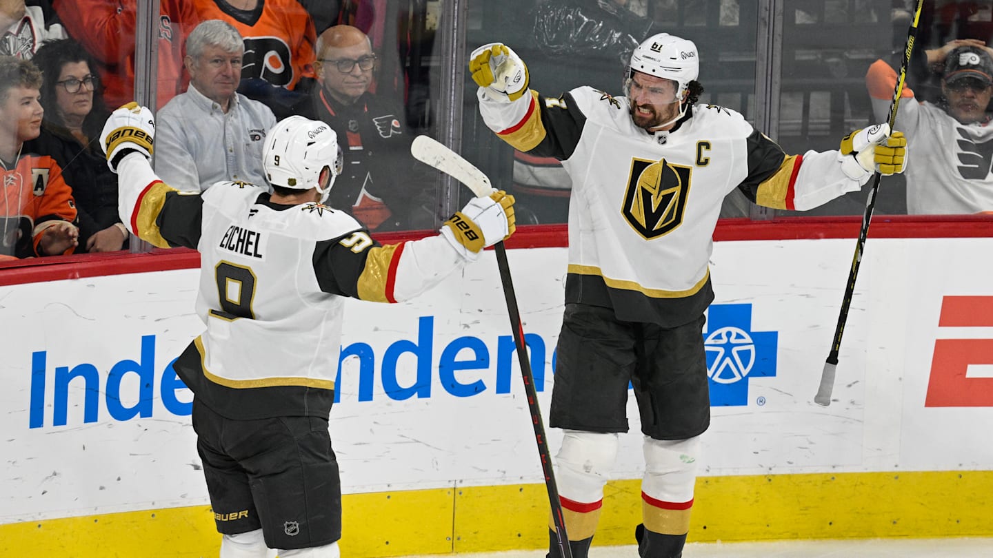Mark Stone and Jack Eichel celebrating Stone's game-winning overtime goal