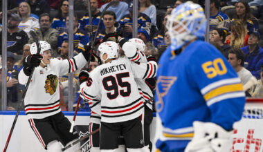 Oct 15, 2025; St. Louis, Missouri, USA; Chicago Blackhawks center Jason Dickinson (16) is congratulated by teammates after scoring against St. Louis Blues goaltender Jordan Binnington (50) during the second period at Enterprise Center. Mandatory Credit: Jeff Curry-Imagn Images