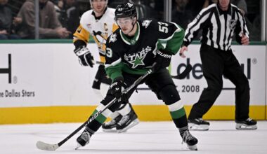 Dec 7, 2025; Dallas, Texas, USA; Dallas Stars center Wyatt Johnston (53) skates against the Pittsburgh Penguins during the game at the American Airlines Center. Mandatory Credit: Jerome Miron-Imagn Images