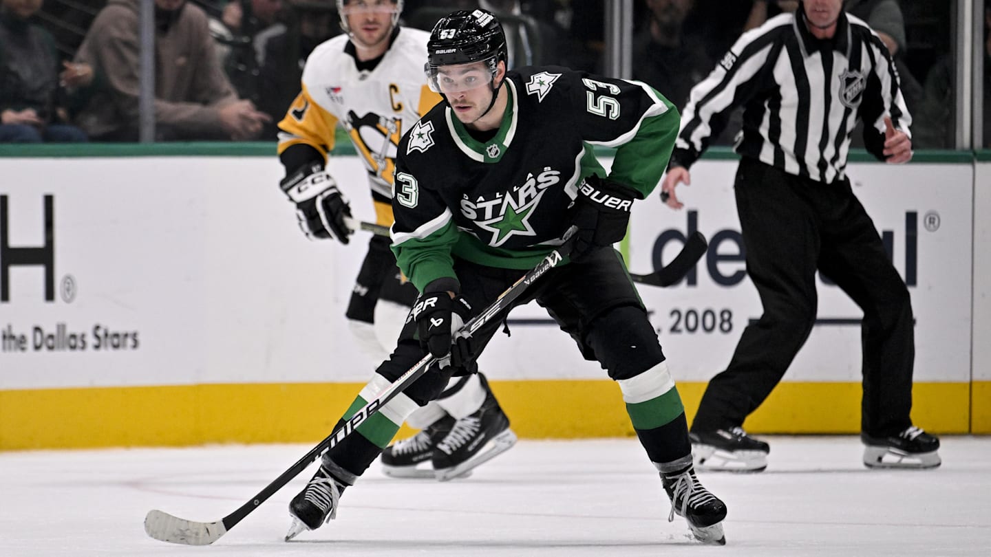 Dec 7, 2025; Dallas, Texas, USA; Dallas Stars center Wyatt Johnston (53) skates against the Pittsburgh Penguins during the game at the American Airlines Center. Mandatory Credit: Jerome Miron-Imagn Images