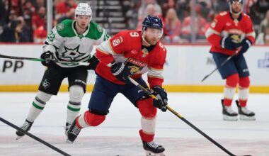 Nov 1, 2025; Sunrise, Florida, USA; Florida Panthers center Sam Bennett (9) moves the puck against the Dallas Stars during the third period at Amerant Bank Arena. Mandatory Credit: Sam Navarro-Imagn Images