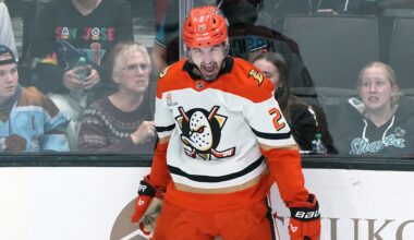 Oct 11, 2025; San Jose, California, USA; Anaheim Ducks left wing Chris Kreider (20) reacts after scoring a goal against the San Jose Sharks during the third period at SAP Center at San Jose. Mandatory Credit: Darren Yamashita-Imagn Images