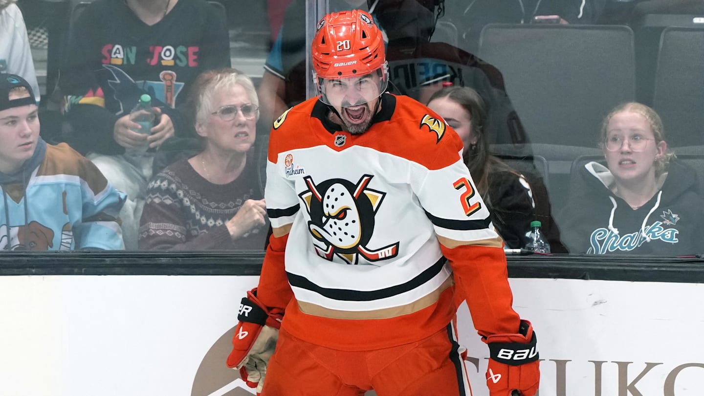Oct 11, 2025; San Jose, California, USA; Anaheim Ducks left wing Chris Kreider (20) reacts after scoring a goal against the San Jose Sharks during the third period at SAP Center at San Jose. Mandatory Credit: Darren Yamashita-Imagn Images