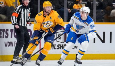 Young Blues forward Dalibor Dvorsky against veteran Nashville forward Steven Stamkos