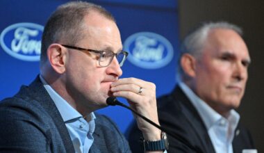 May 21, 2024; Toronto, Ontario, CANADA;  Toronto Maple Leafs general manager Brad Treliving listens to a question during a media conference to introduce new head coach Craig Berube (right) at Ford Performance Centre. Mandatory Credit: Dan Hamilton-Imagn Images
