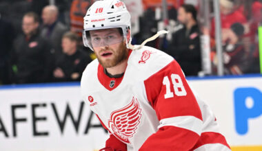 Dec 11, 2025; Edmonton, Alberta, CAN; Detroit Red Wings center Andrew Copp (18) is seen out on the ice during the pre game warm up as the Edmonton Oilers take on the Detroit Red Wings   before the first period at Rogers Place. Mandatory Credit: Walter Tychnowicz-Imagn Images