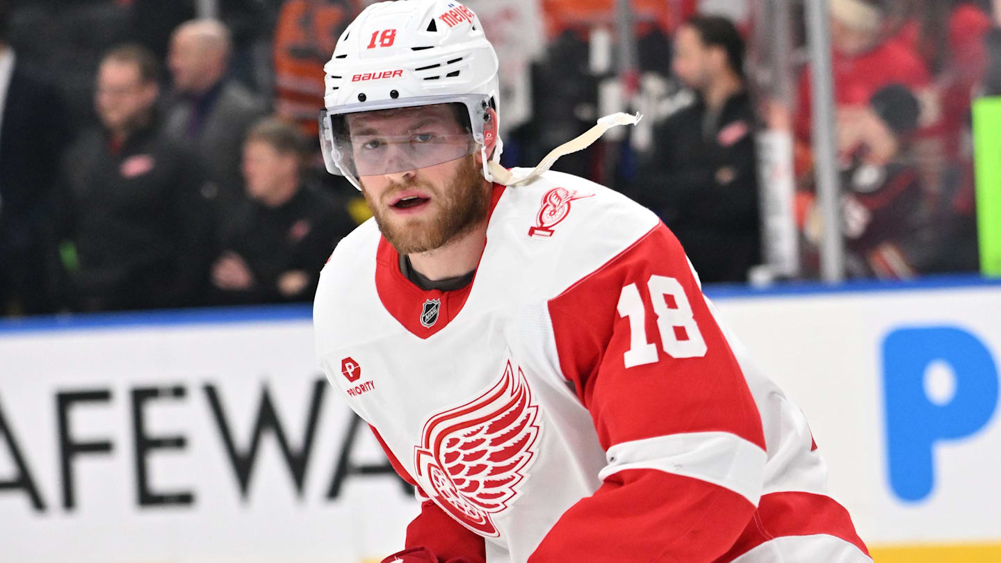 Dec 11, 2025; Edmonton, Alberta, CAN; Detroit Red Wings center Andrew Copp (18) is seen out on the ice during the pre game warm up as the Edmonton Oilers take on the Detroit Red Wings   before the first period at Rogers Place. Mandatory Credit: Walter Tychnowicz-Imagn Images
