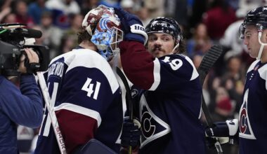 Dec 19, 2025; Denver, Colorado, USA; Colorado Avalanche goaltender Scott Wedgewood (41) and defenseman Samuel Girard (49)  the win over the Winnipeg Jets at Ball Arena. Mandatory Credit: Ron Chenoy-Imagn Images