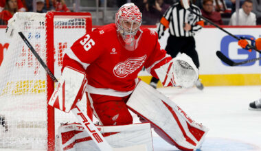Dec 16, 2025; Detroit, Michigan, USA;  Detroit Red Wings goaltender John Gibson (36) tends goal in the first period against the New York Islanders at Little Caesars Arena. Mandatory Credit: Rick Osentoski-Imagn Images