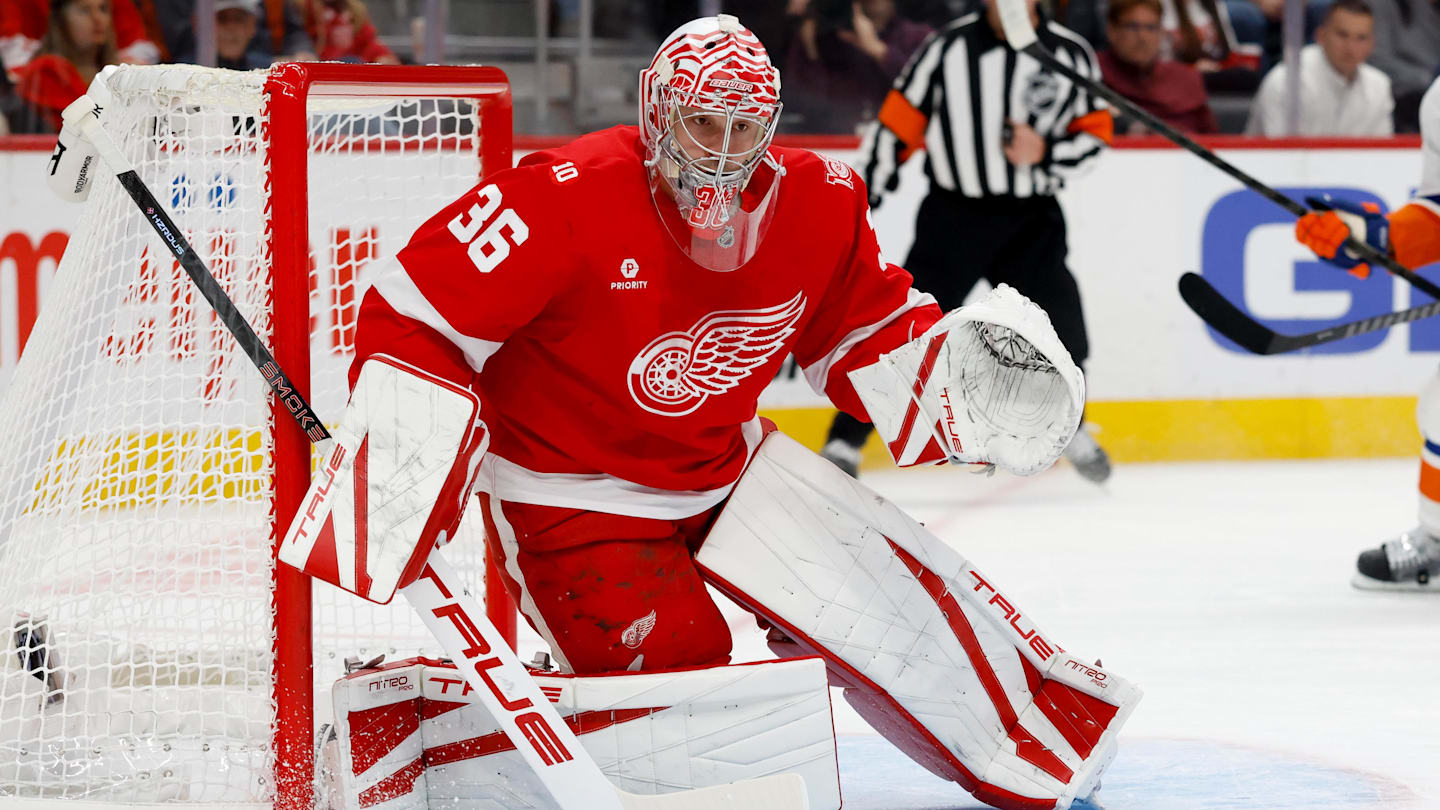 Dec 16, 2025; Detroit, Michigan, USA;  Detroit Red Wings goaltender John Gibson (36) tends goal in the first period against the New York Islanders at Little Caesars Arena. Mandatory Credit: Rick Osentoski-Imagn Images