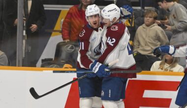 Dec 9, 2025; Nashville, Tennessee, USA;  Colorado Avalanche center Brock Nelson (11) celebrates his goal with defenseman Josh Manson (42) against the Nashville Predators during the first period at Bridgestone Arena. Mandatory Credit: Steve Roberts-Imagn Images