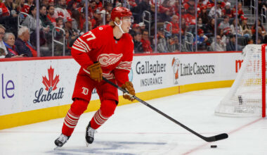 Nov 9, 2025; Detroit, Michigan, USA; Detroit Red Wings defenseman Simon Edvinsson (77) handles the puck during the first period against the Chicago Blackhawks at Little Caesars Arena. Mandatory Credit: Brian Bradshaw Sevald-Imagn Images