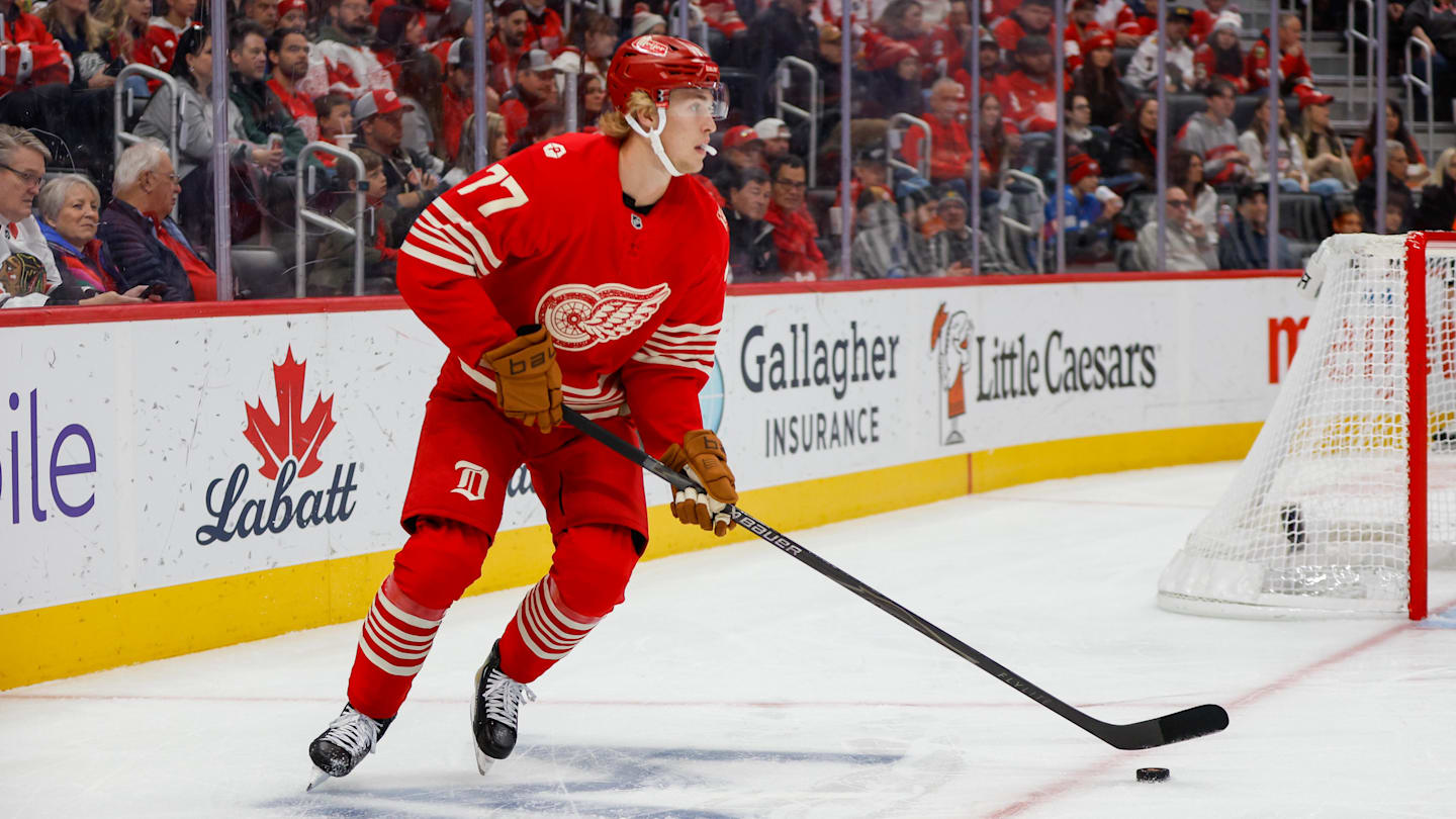 Nov 9, 2025; Detroit, Michigan, USA; Detroit Red Wings defenseman Simon Edvinsson (77) handles the puck during the first period against the Chicago Blackhawks at Little Caesars Arena. Mandatory Credit: Brian Bradshaw Sevald-Imagn Images