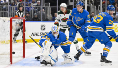 Oct 9, 2025; St. Louis, Missouri, USA; St. Louis Blues goaltender Jordan Binnington (50) gives up a goal to Minnesota Wild center Marco Rossi (not pictured) during the third period at Enterprise Center. Mandatory Credit: Jeff Curry-Imagn Images