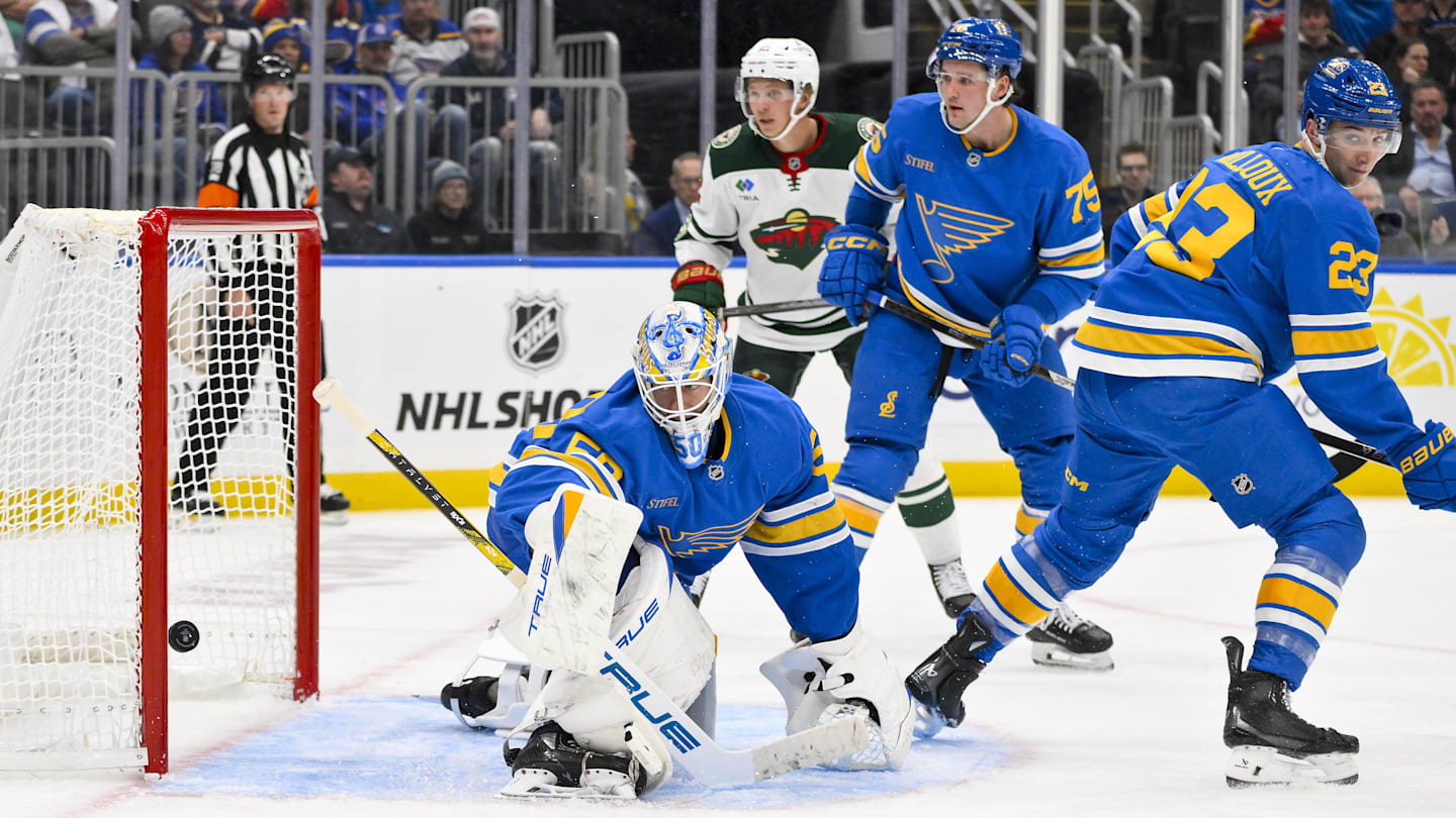 Oct 9, 2025; St. Louis, Missouri, USA; St. Louis Blues goaltender Jordan Binnington (50) gives up a goal to Minnesota Wild center Marco Rossi (not pictured) during the third period at Enterprise Center. Mandatory Credit: Jeff Curry-Imagn Images