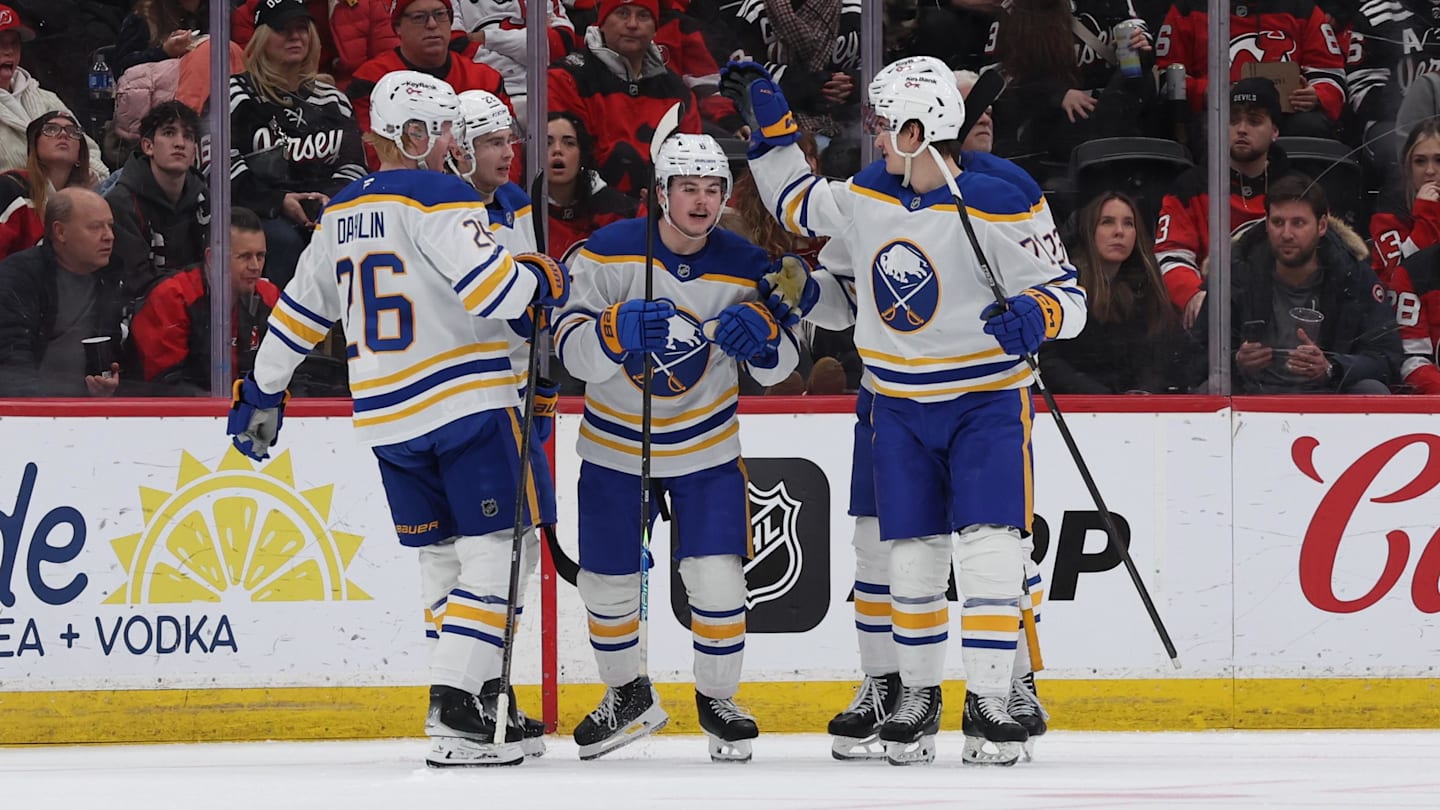 Dec 21, 2025; Newark, New Jersey, USA;  Buffalo Sabres left wing Zach Benson (6) celebrates his goal against the New Jersey Devils during the first second period at Prudential Center. Mandatory Credit: Thomas Salus-Imagn Images