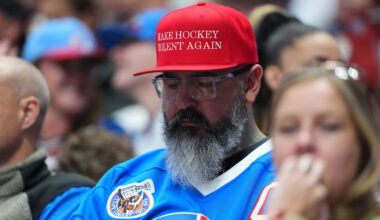 Nov 29, 2025; Denver, Colorado, USA; Colorado Avalanche fan during the third period against the Montreal Canadiens at Ball Arena. Mandatory Credit: Ron Chenoy-Imagn Images