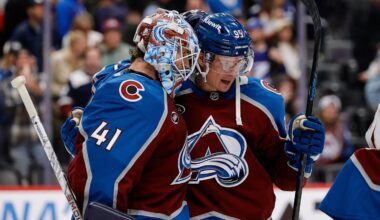 Nov 4, 2025; Denver, Colorado, USA; Colorado Avalanche goaltender Scott Wedgewood (41) and left wing Victor Olofsson (95) celebrate after the game against the Tampa Bay Lightning at Ball Arena. Mandatory Credit: Isaiah J. Downing-Imagn Images
