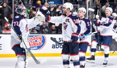 The Columbus Blue Jackets celebrate their win over the Los Angeles Kings on Monday night.