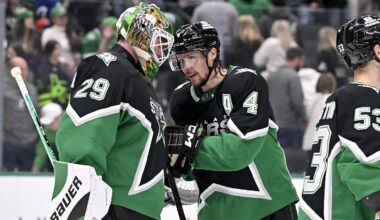 Dec 21, 2025; Dallas, Texas, USA; Dallas Stars goaltender Jake Oettinger (29) and defenseman Miro Heiskanen (4) celebrate the victory over the Toronto Maple Leafs at the American Airlines Center. Mandatory Credit: Jerome Miron-Imagn Images