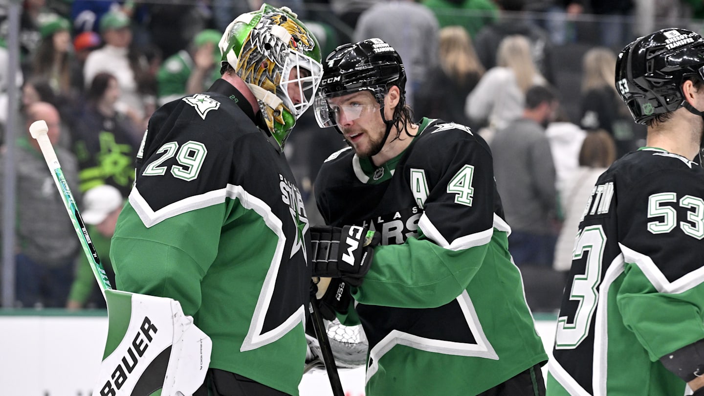 Dec 21, 2025; Dallas, Texas, USA; Dallas Stars goaltender Jake Oettinger (29) and defenseman Miro Heiskanen (4) celebrate the victory over the Toronto Maple Leafs at the American Airlines Center. Mandatory Credit: Jerome Miron-Imagn Images