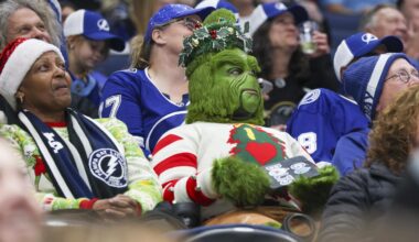 Dec 22, 2025; Tampa, Florida, USA; a fan dressed as the Grinch watch an NHL game between the Tampa Bay Lightning and the St. Louis Blues at Benchmark International Arena. Mandatory Credit: Nathan Ray Seebeck-Imagn Images