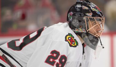 Mar 12, 2022; Ottawa, Ontario, CAN; Chicago Blackhawks goalie Marc-Andre Fleury (29) looks up the ice in the second period against the Ottawa Senators at the Canadian Tire Centre. Mandatory Credit: Marc DesRosiers-Imagn Images