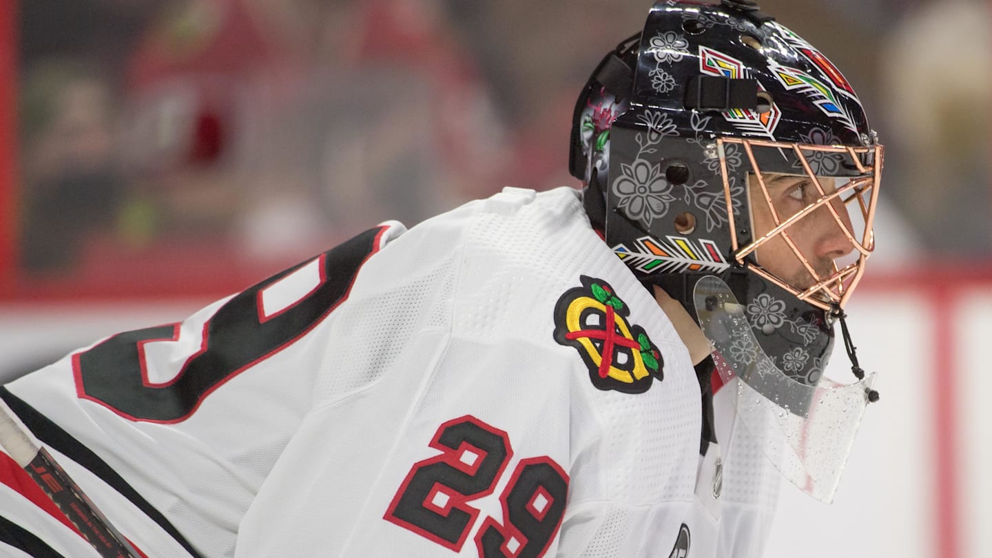 Mar 12, 2022; Ottawa, Ontario, CAN; Chicago Blackhawks goalie Marc-Andre Fleury (29) looks up the ice in the second period against the Ottawa Senators at the Canadian Tire Centre. Mandatory Credit: Marc DesRosiers-Imagn Images
