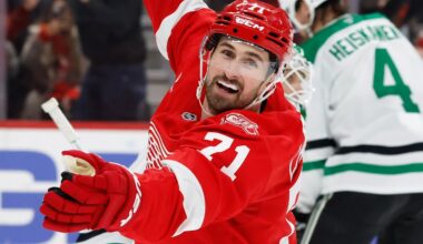 Dec 23, 2025; Detroit, Michigan, USA;  Detroit Red Wings center Dylan Larkin (71) celebrates after scoring in overtime against the Dallas Stars at Little Caesars Arena. Mandatory Credit: Rick Osentoski-Imagn Images