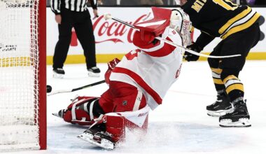 Nov 29, 2025; Boston, Massachusetts, USA; Boston Bruins center Casey Mittelstadt (11) scores the only goal during a shootout against Detroit Red Wings goaltender Cam Talbot (39) in Boston’s 3-2 win at TD Garden. Mandatory Credit: Winslow Townson-Imagn Images