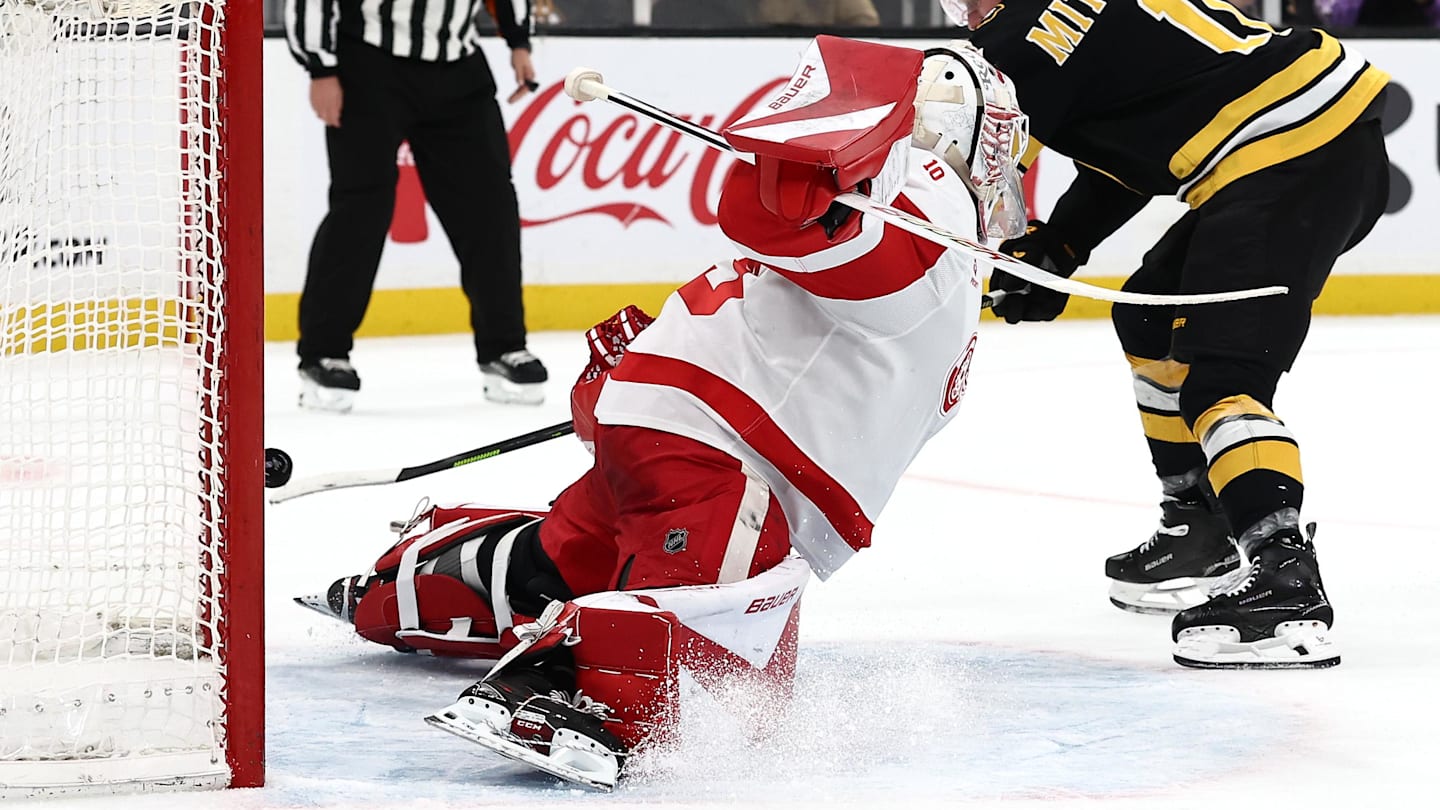 Nov 29, 2025; Boston, Massachusetts, USA; Boston Bruins center Casey Mittelstadt (11) scores the only goal during a shootout against Detroit Red Wings goaltender Cam Talbot (39) in Boston’s 3-2 win at TD Garden. Mandatory Credit: Winslow Townson-Imagn Images