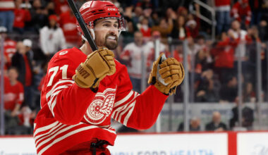 Dec 2, 2025; Detroit, Michigan, USA;  Detroit Red Wings center Dylan Larkin (71) celebrates a goal by defenseman Ben Chiarot (not pictured) in the second period against the Boston Bruins at Little Caesars Arena. Mandatory Credit: Rick Osentoski-Imagn Images