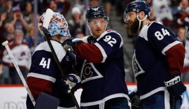 Dec 23, 2025; Denver, Colorado, USA; Colorado Avalanche left wing Gabriel Landeskog (92) celebrates with goaltender Scott Wedgewood (41) and defenseman Brent Burns (84) after the game against the Utah Mammoth at Ball Arena. Mandatory Credit: Isaiah J. Downing-Imagn Images