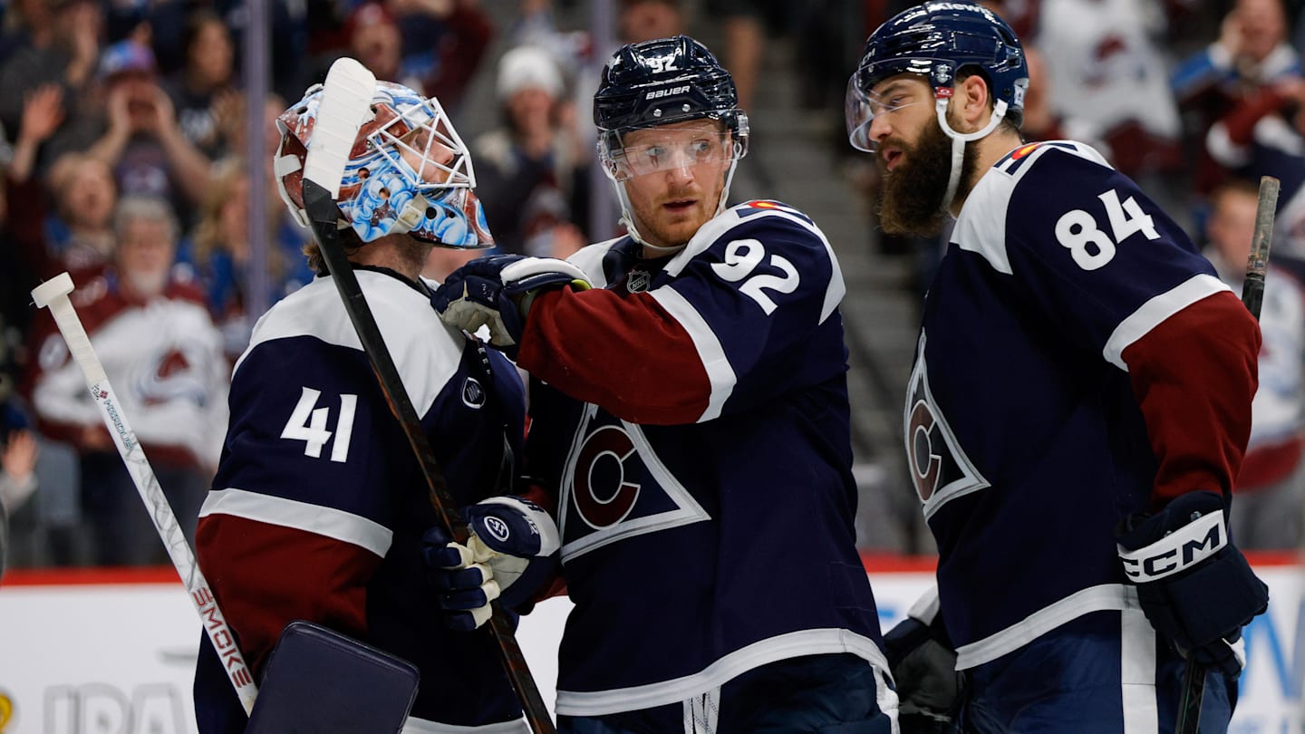 Dec 23, 2025; Denver, Colorado, USA; Colorado Avalanche left wing Gabriel Landeskog (92) celebrates with goaltender Scott Wedgewood (41) and defenseman Brent Burns (84) after the game against the Utah Mammoth at Ball Arena. Mandatory Credit: Isaiah J. Downing-Imagn Images