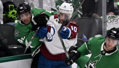 May 3, 2025; Dallas, Texas, USA; Dallas Stars defenseman Ilya Lyubushkin (46) and Colorado Avalanche center Charlie Coyle (10) battle for control of the puck during the second period in game seven of the first round of the 2025 Stanley Cup Playoffs at American Airlines Center. Mandatory Credit: Jerome Miron-Imagn Images
