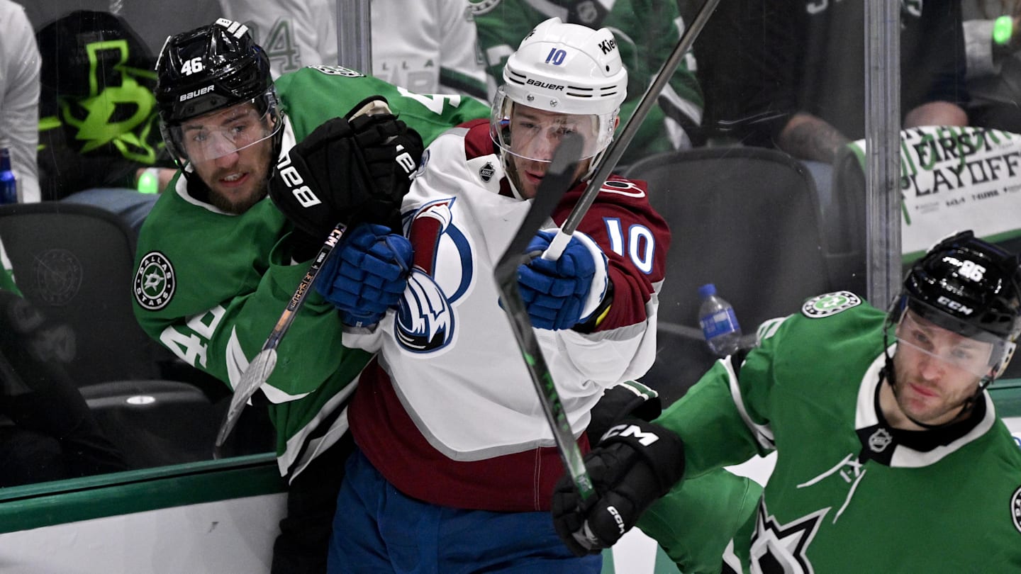 May 3, 2025; Dallas, Texas, USA; Dallas Stars defenseman Ilya Lyubushkin (46) and Colorado Avalanche center Charlie Coyle (10) battle for control of the puck during the second period in game seven of the first round of the 2025 Stanley Cup Playoffs at American Airlines Center. Mandatory Credit: Jerome Miron-Imagn Images