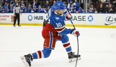 Dec 13, 2025; New York, New York, USA;  New York Rangers left wing Artemi Panarin (10) attempts a shot on goal in overtime against the Montréal Canadiens at Madison Square Garden. Mandatory Credit: Wendell Cruz-Imagn Images