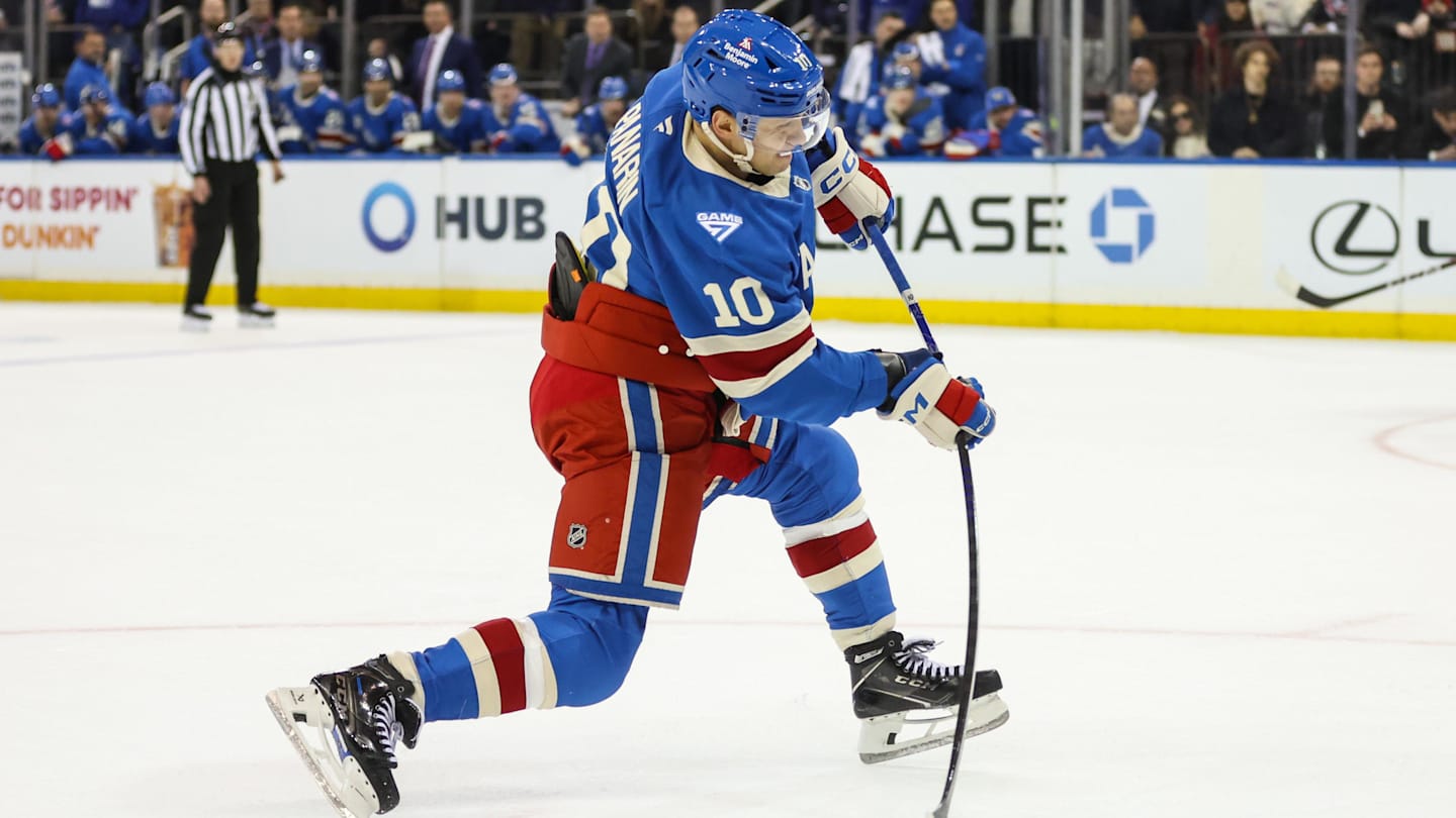 Dec 13, 2025; New York, New York, USA;  New York Rangers left wing Artemi Panarin (10) attempts a shot on goal in overtime against the Montréal Canadiens at Madison Square Garden. Mandatory Credit: Wendell Cruz-Imagn Images