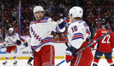 Dec 23, 2025; Washington, District of Columbia, USA; New York Rangers left wing Will Cuylle (50) celebrates with Rangers left wing Artemi Panarin (10) after scoring a goal against the Washington Capitals during the second period at Capital One Arena. Mandatory Credit: Geoff Burke-Imagn Images