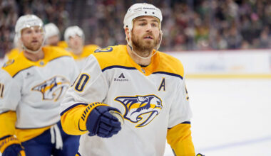 Dec 23, 2025; Saint Paul, Minnesota, USA; Nashville Predators center Ryan O'Reilly (90) leads the team to the bench after scoring against the Minnesota Wild in the first period at Grand Casino Arena. Mandatory Credit: Matt Blewett-Imagn Images