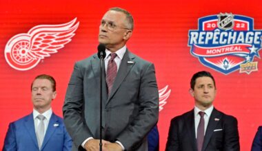 Jul 7, 2022; Montreal, Quebec, CANADA; Detroit Red Wings general manager Steve Yzerman announces Marco Kasper (not pictured) as the number eight overall pick to the Detroit Red Wings in the first round of the 2022 NHL Draft at Bell Centre. Mandatory Credit: Eric Bolte-Imagn Images