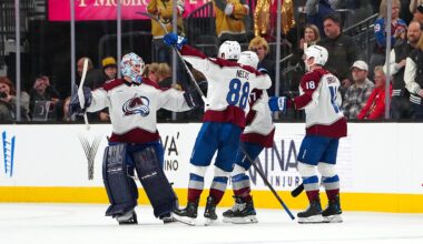 Dec 27, 2025; Las Vegas, Nevada, USA; Colorado Avalanche goaltender Scott Wedgewood (41) celebrates with team mates after the Avalanche defeated the Vegas Golden Knights 6-5 in a shoot out at T-Mobile Arena. Mandatory Credit: Stephen R. Sylvanie-Imagn Images