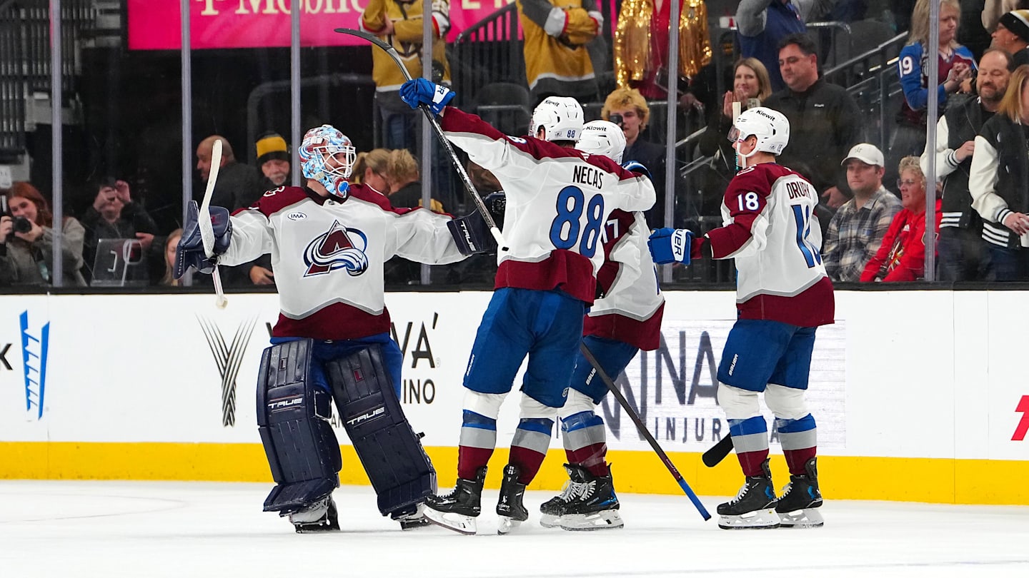 Dec 27, 2025; Las Vegas, Nevada, USA; Colorado Avalanche goaltender Scott Wedgewood (41) celebrates with team mates after the Avalanche defeated the Vegas Golden Knights 6-5 in a shoot out at T-Mobile Arena. Mandatory Credit: Stephen R. Sylvanie-Imagn Images
