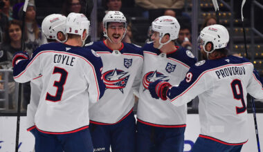 The Columbus Blue Jackets celebrate a goal scored by Mason Marchment against the Los Angeles Kings